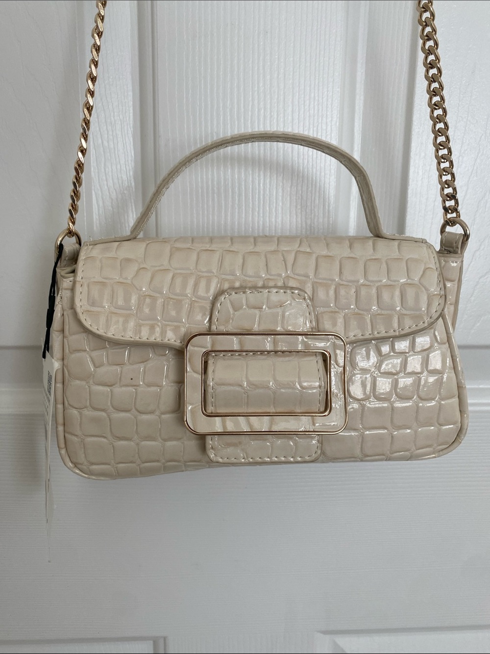 Zara Cream Croc-Embossed Shoulder Bag with Buckle Detail